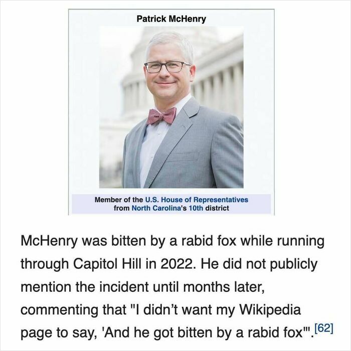Patrick McHenry photo with Wikipedia text about being bitten by a rabid fox, a humorous Wikipedia pages moment shared online.