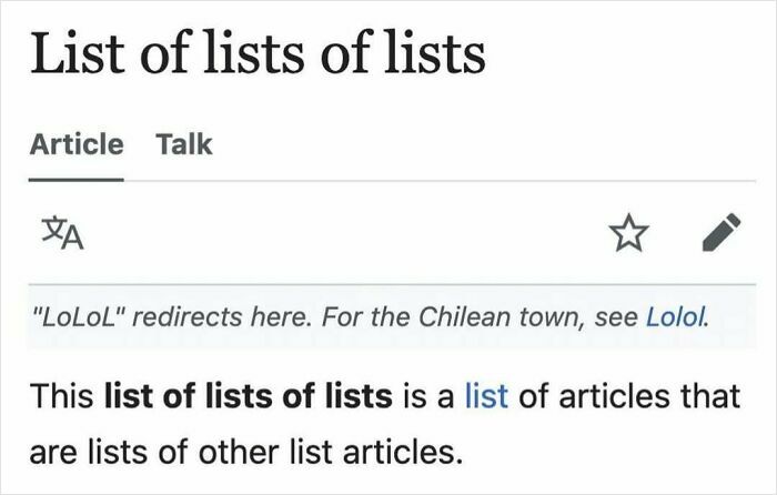 Screenshot of a humorous Wikipedia page titled list of lists of lists showing a playful redirect for LoLoL.