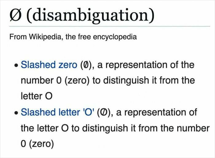 Wikipedia page showing humorous disambiguation between slashed zero and slashed letter O characters.