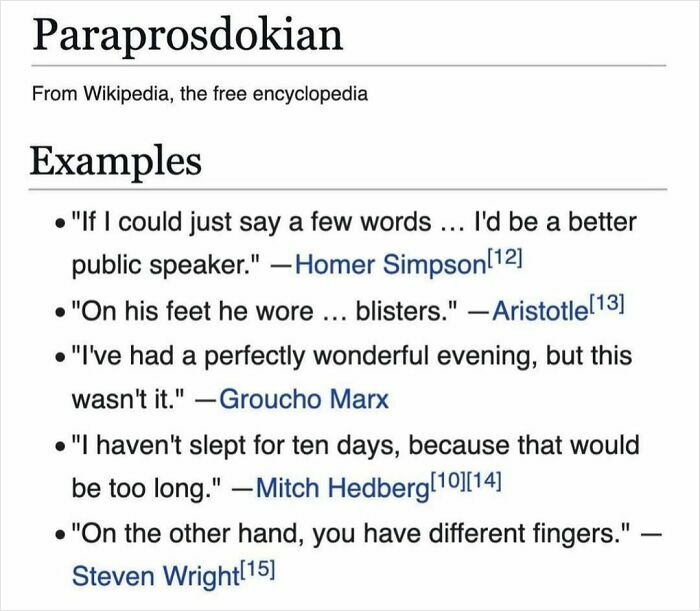 Wikipedia page snippet showing paraprosdokian examples with humorous quotes from famous people.
