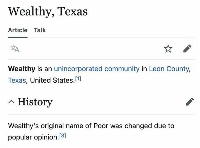 Wikipedia page showing wealthy Texas was originally named Poor, a funny example from c*****d Wikipedia pages shared online.
