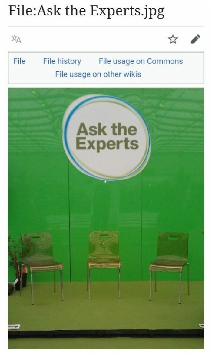 Three empty chairs under a green sign that says Ask the Experts on a bright green background in a humorous Wikipedia page.