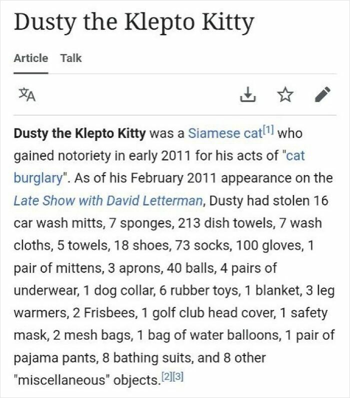 Excerpt from a funny Wikipedia page about Dusty the Klepto Kitty and his unusual thefts shared online.