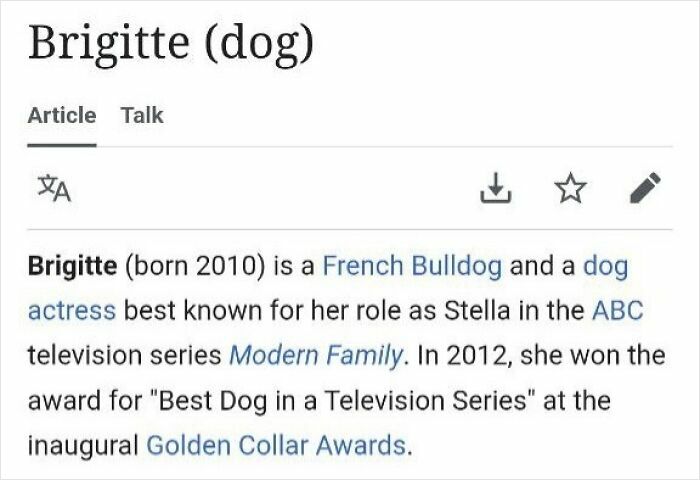 Wikipedia page showing Brigitte the French Bulldog, a dog actress known for Modern Family, shared in the funniest Wikipedia moments online.