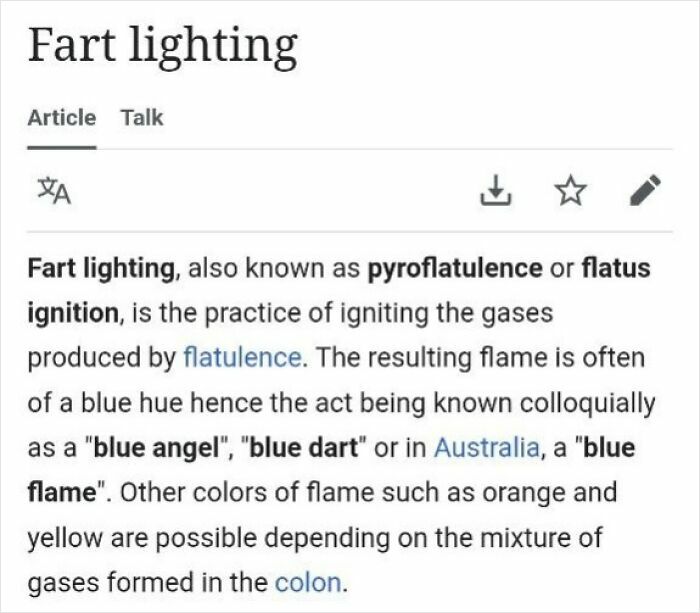 Wikipedia page excerpt explaining fart lighting, also called pyroflatulence, igniting gases to produce blue or colored flames.