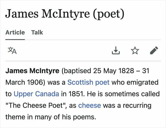 Screenshot of a Wikipedia page about poet James McIntyre, featured in funny Wikipedia pages shared online.