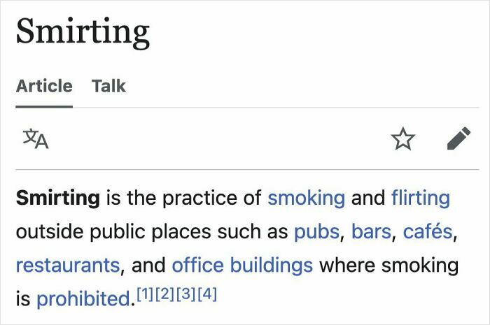 Wikipedia page explaining smirting as smoking and flirting outside pubs, bars, cafes, restaurants, and office buildings.