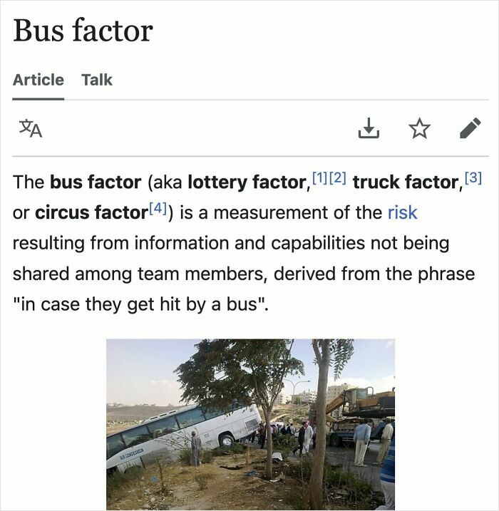 Screenshot of a Wikipedia page defining bus factor as a risk measurement causing laughs online in shared content about c*****d pages.