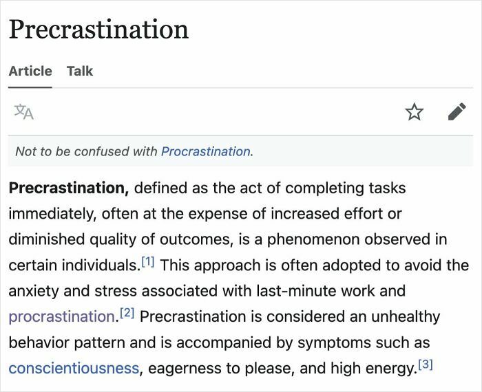 Screenshot of a humorous Wikipedia page titled Precrastination defining the opposite of procrastination.