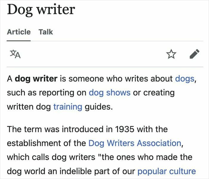 Screenshot of a humorous Wikipedia page showing an entry for dog writer with playful definitions.