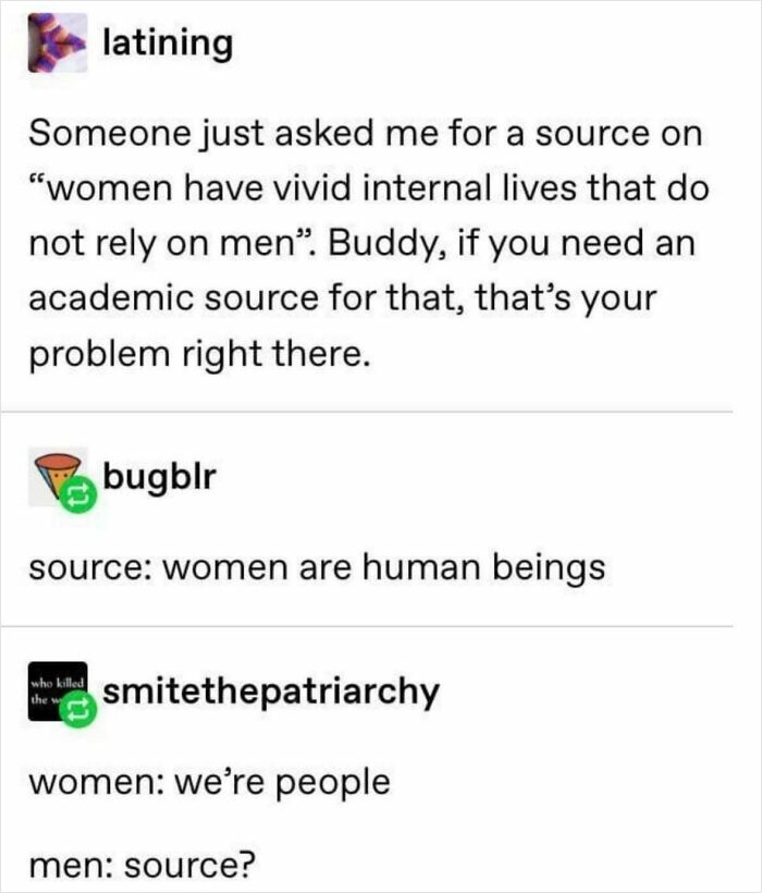 Text conversation showing savage women roasting men online with witty comebacks about women not relying on men and being human beings