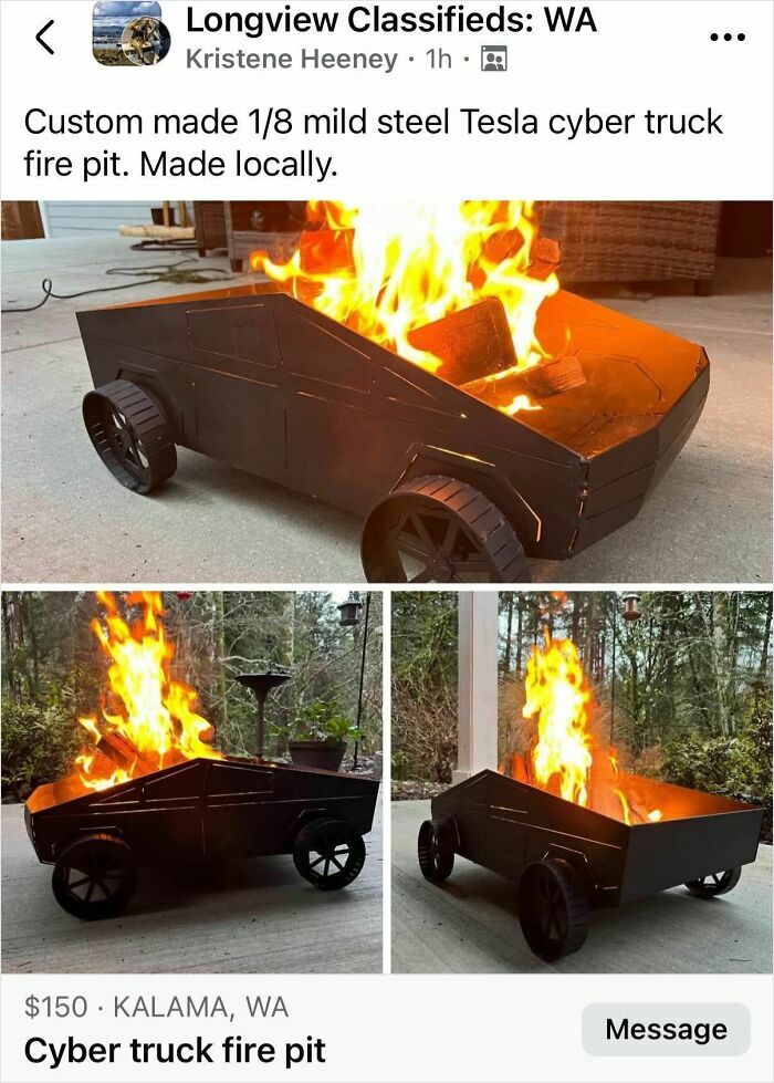 Custom steel Tesla Cybertruck fire pit burning firewood, unique unhinged Facebook Marketplace listing.