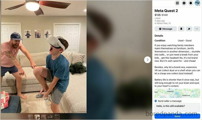 Two men in a living room, one wearing a VR headset reacting excitedly, showcasing unhinged FB Marketplace moments.