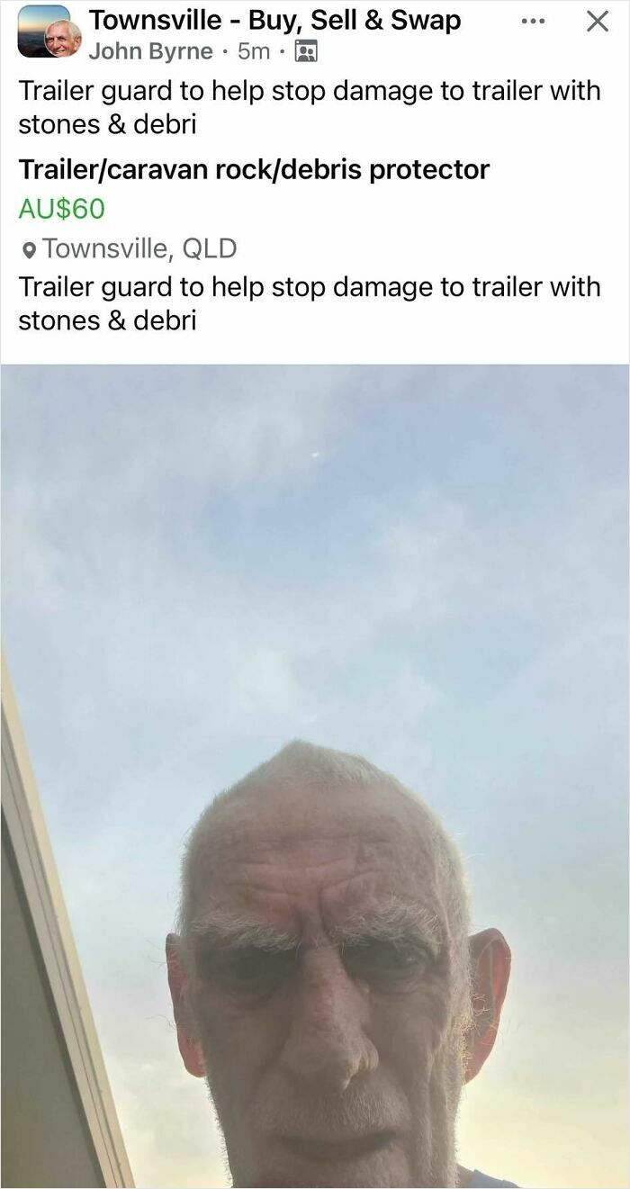 FB Marketplace post in Townsville selling a trailer rock and debris protector priced at AU$60 with a selfie photo.