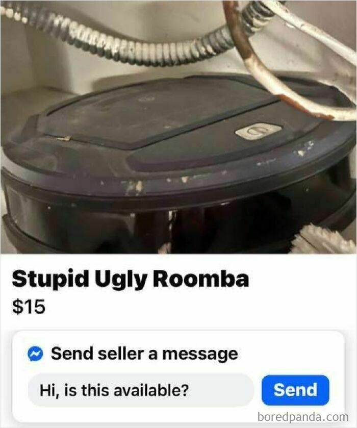 Worn Roomba listed for sale on FB Marketplace with humorous unhinged description and $15 price tag.