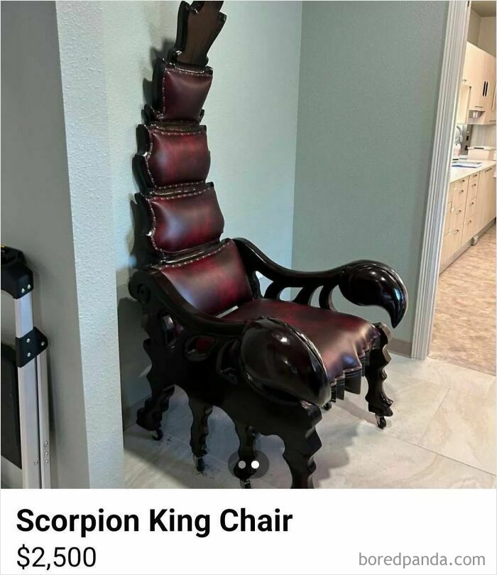 Unhinged FB Marketplace post showing an elaborate Scorpion King chair with dark wood and red leather upholstery.
