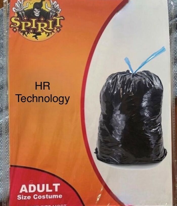 Humorous HR technology adult costume packaging featuring a black garbage bag, highlighting chaos in human resources work.