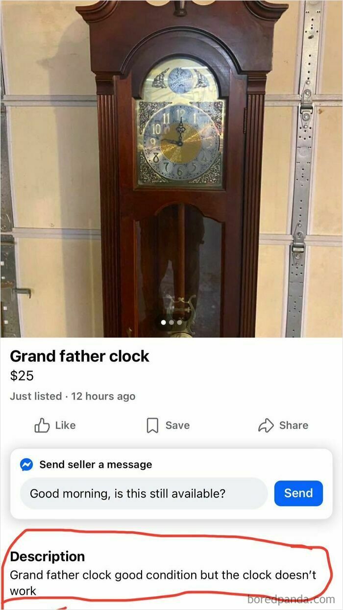 Grandfather clock listed on FB Marketplace in good condition but the clock doesn’t work in an unhinged post.