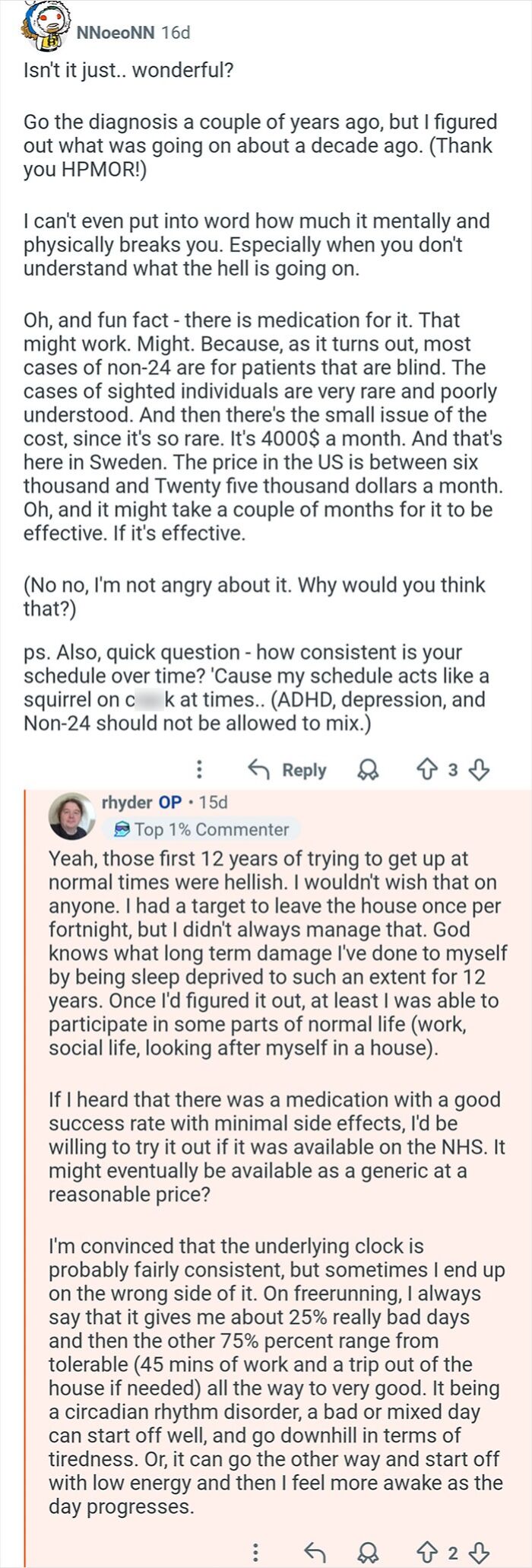 Social media discussion about living with a circadian rhythm disorder and experiencing 26-hour days.