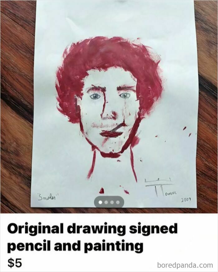 Unhinged FB Marketplace post selling an original signed drawing and painting for five dollars.
