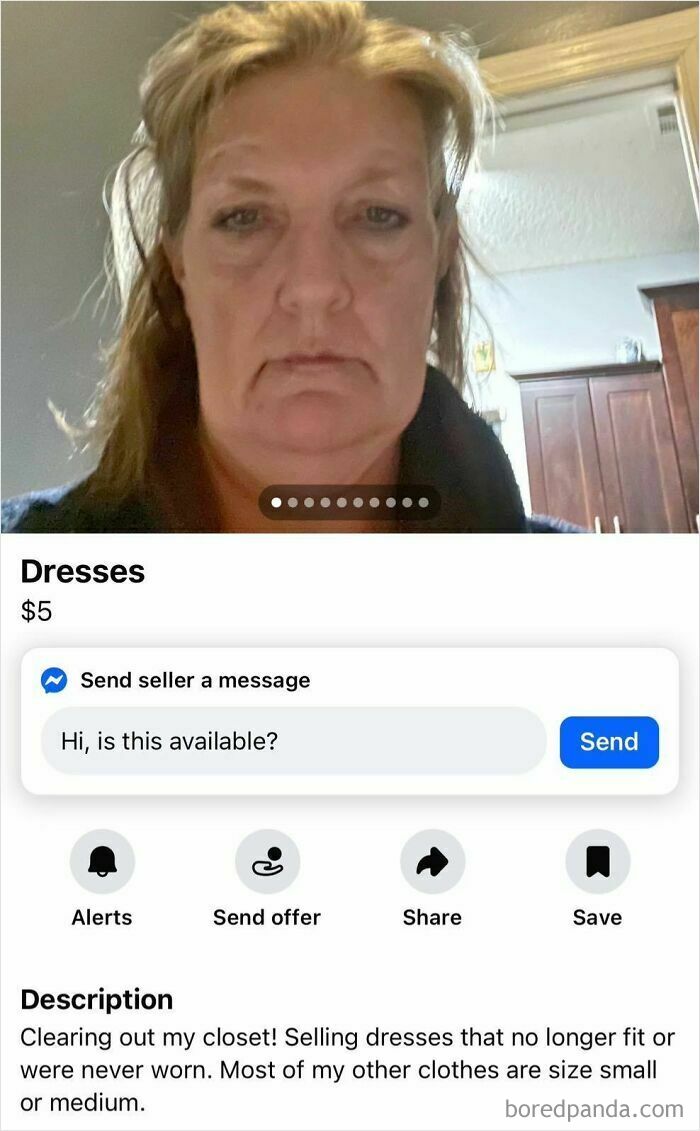Woman selling dresses on FB Marketplace with a casual selfie and description in an unhinged post listing.