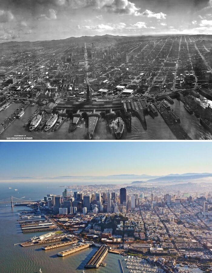 Aerial then and now photos showing dramatic glow-ups of a famous city skyline and waterfront.