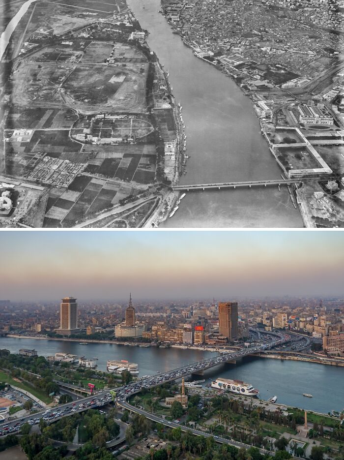 Aerial before and after photos showing the urban glow-ups of a famous city with river, bridges, and modern buildings.