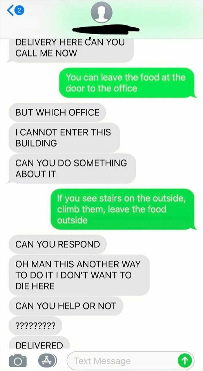 Text messages between delivery driver and customer discussing food delivery confusion and instructions from actual delivery drivers.