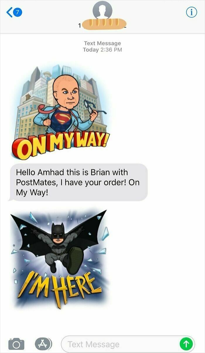 Text message from delivery driver using funny superhero Bitmojis saying on my way and I'm here with order update.