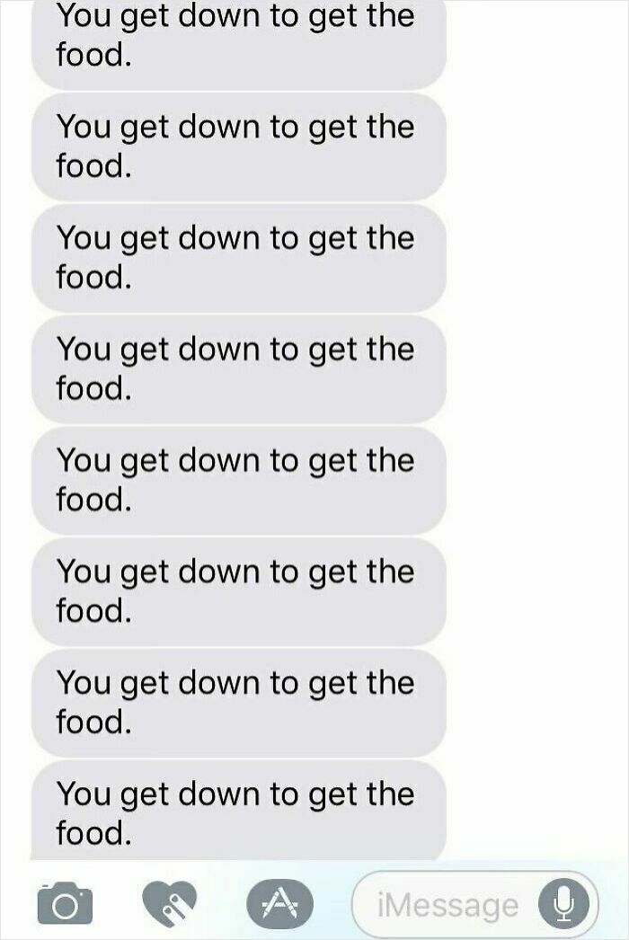 Text messages from a delivery driver repeatedly saying you get down to get the food in a humorous context.