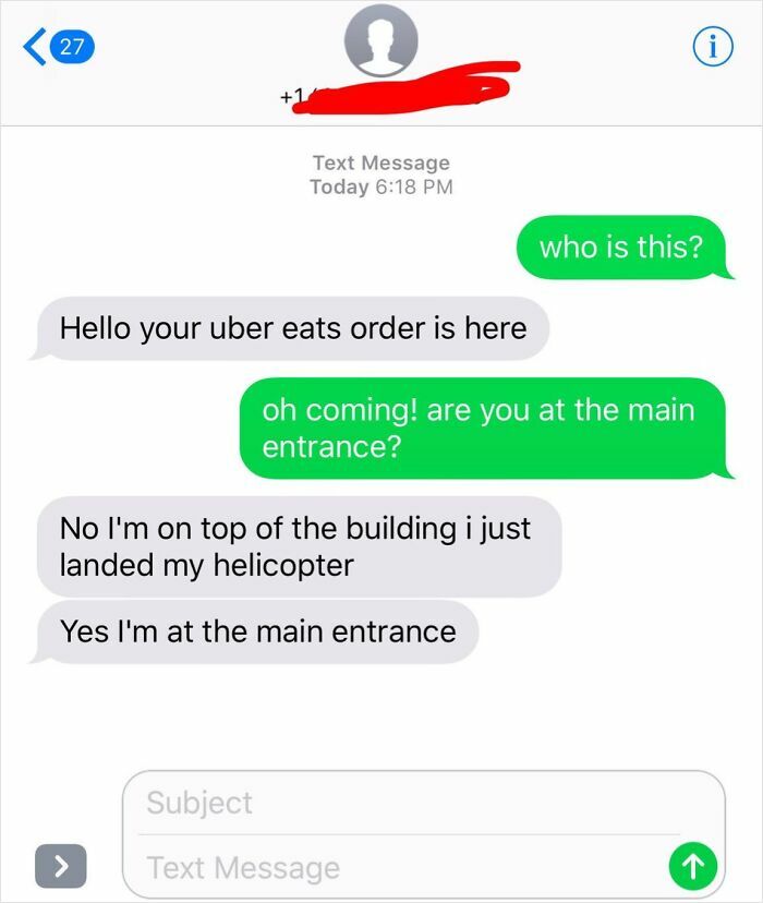 Text message exchange showing a funny Uber Eats delivery driver message about landing a helicopter on a building.