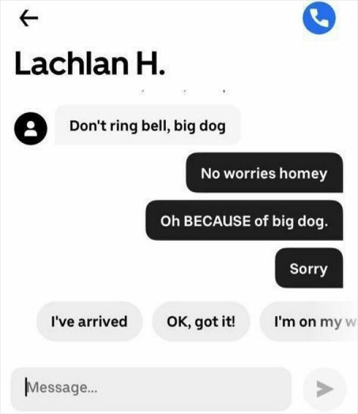 Text message exchange between delivery driver and customer about avoiding ringing bell due to big dog, funny delivery messages.