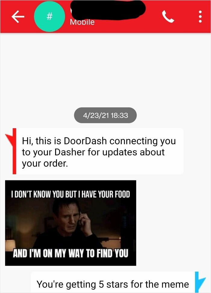 Text message from DoorDash with a funny delivery driver meme about having your food and coming to find you.