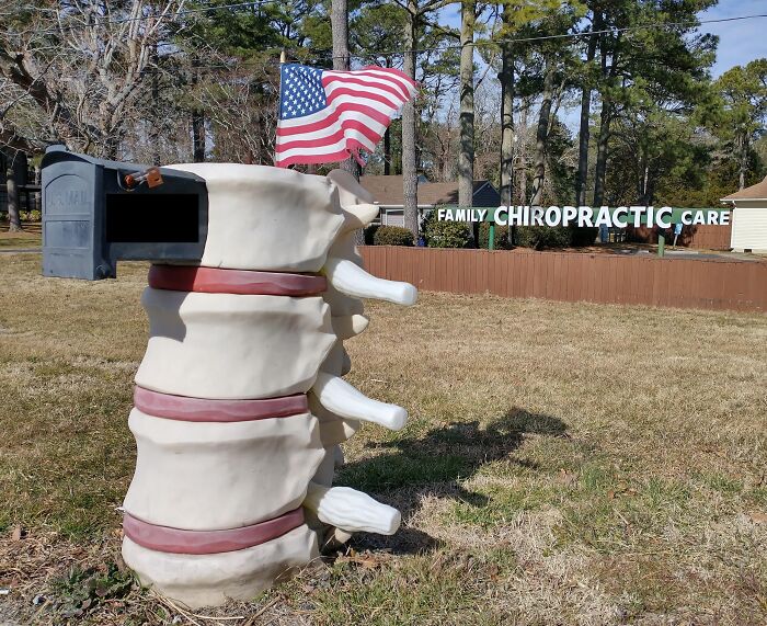 Creative and cool mailbox designed as a spine structure with an American flag, located near a chiropractic care center.