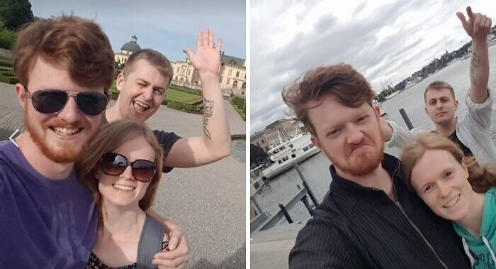 Two selfies of friends outdoors with a man photobombing in the background, capturing epic photobombs that made everyone laugh.