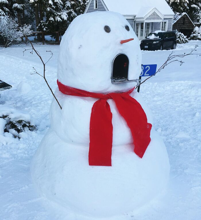 Snowman mailbox with a red scarf and stick arms in a snowy residential area, showcasing creative mailboxes in the wild.