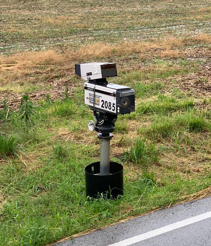 Creative mailbox designed from a vintage video camera spotted in the wild along a rural roadside.