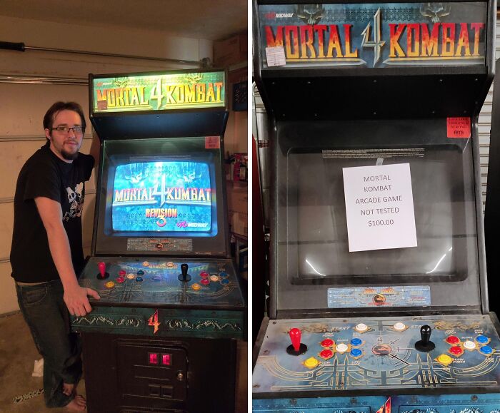 Man standing next to a Mortal Kombat arcade machine, showcasing a realized gaming dream that inspired the internet.