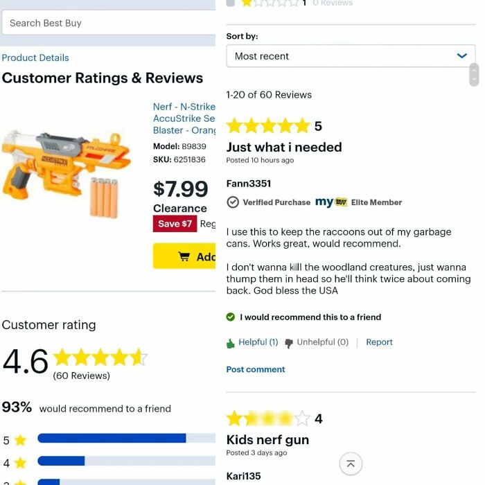 Screenshot of hilariously unhinged customer reviews for a Nerf gun with high ratings on an online store page.