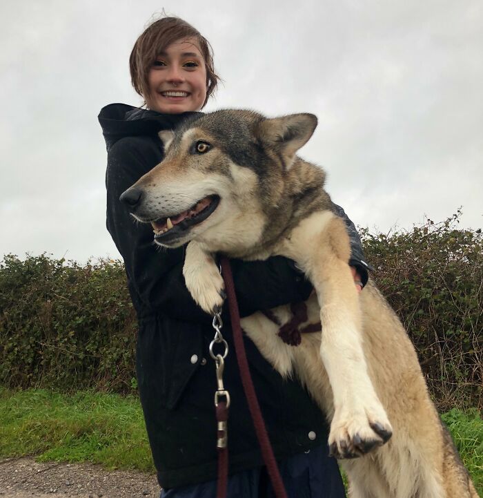 Young woman turning her dream into reality by happily holding a large dog outdoors, inspiring internet users.