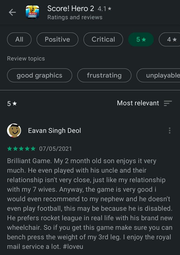 Screenshot of a hilariously unhinged game review praising entertaining and unique user experiences with the app.