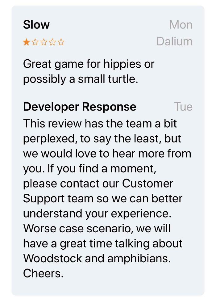 Hilariously unhinged review of a slow game with developer response referencing Woodstock and amphibians.