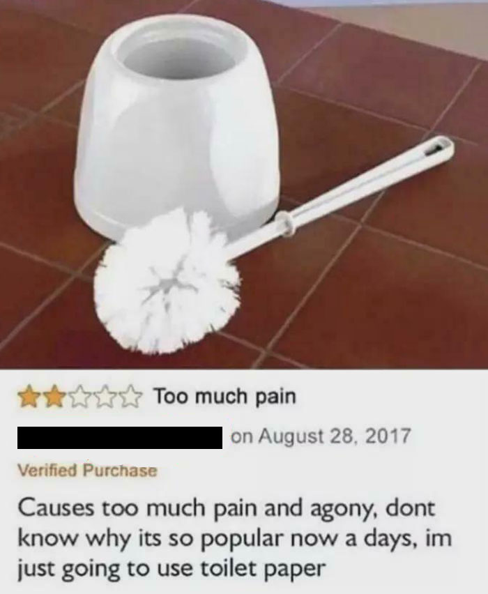 Toilet brush with a funny one-star review highlighting pain, part of hilariously unhinged reviews that work better than advertisements.