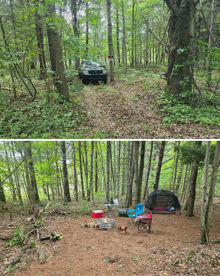 Off-grid camping setup in the woods with a tent, chairs, fire pit, and gear, showcasing dream turned reality inspiration.