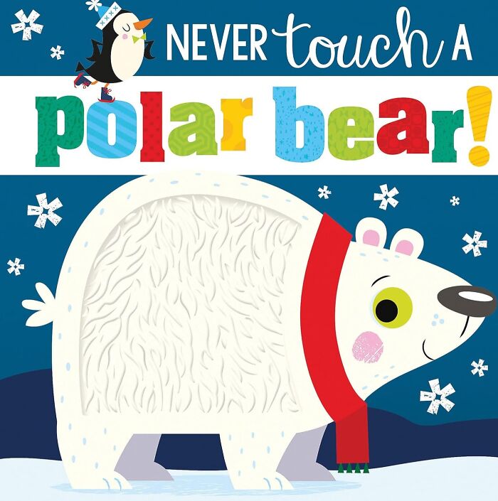 Cartoon polar bear wearing a red scarf with a penguin and snowflakes, illustrating stocking stuffers holiday theme.