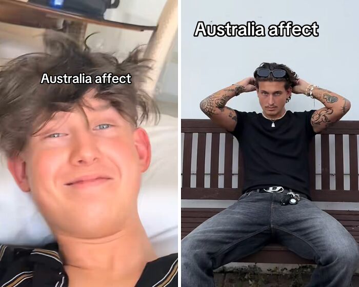Before and after photos showing how Australia changes people, featuring a casual young man with and without tattoos.