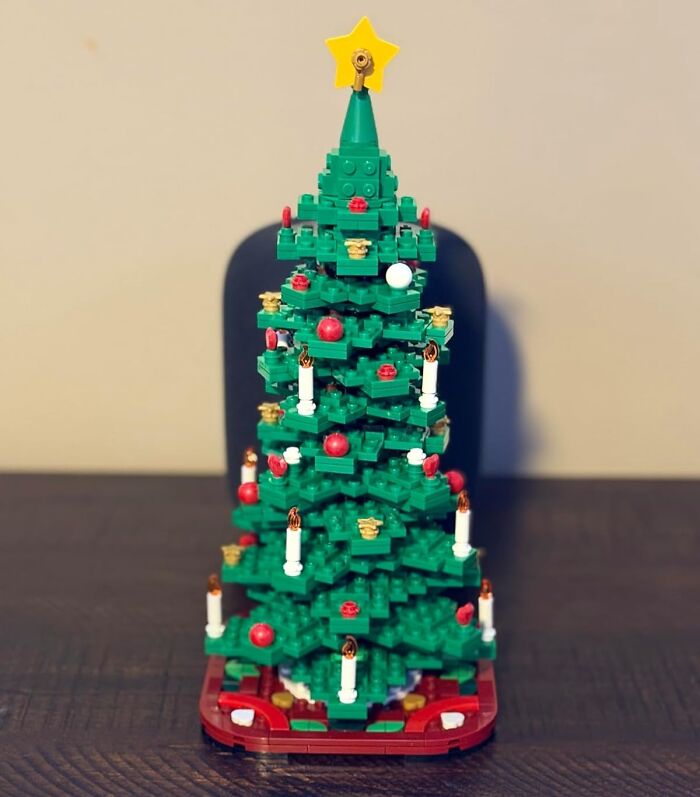 Small LEGO Christmas tree with candles and decorations, a perfect stocking stuffer gift idea for the holidays.