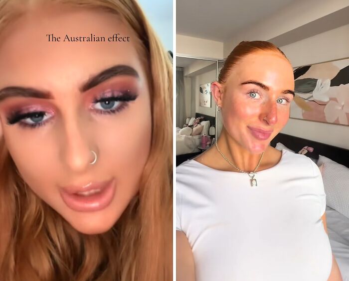 Before and after pics showing how Australia changes people with natural skin and makeup differences in indoor settings.