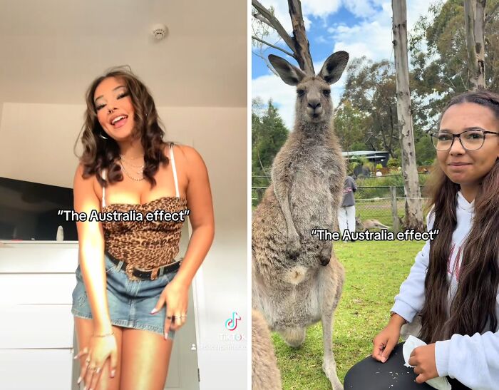 Young woman and kangaroo side by side showing the Australia effect in before and after pics that show how Australia changes people.