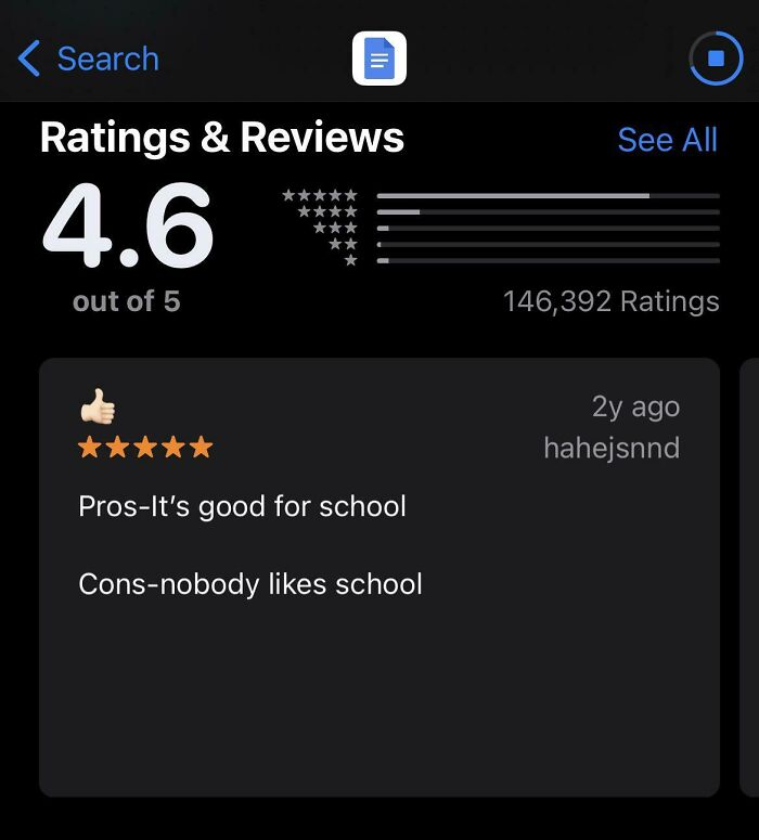 App ratings and hilariously unhinged reviews with pros and cons for school in a dark mode interface.